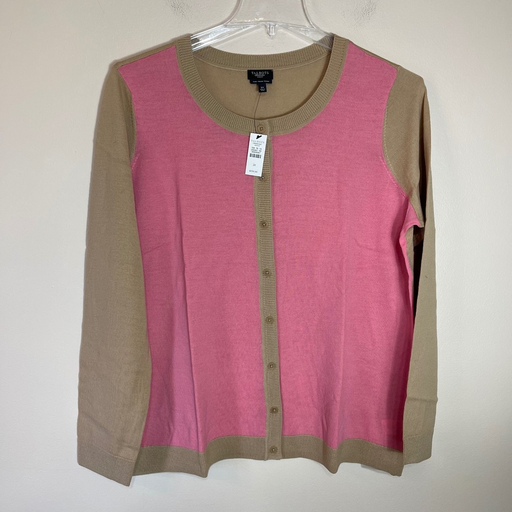 NEW Talbots Pure Italian Merino Wool Colorblock Cardigan Pink Tan Womens 2X